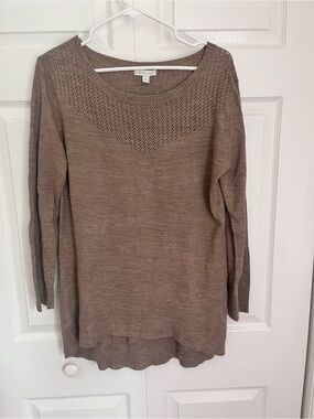New York & Company Open-Knit Yoke Crewneck Sweater - Taupe